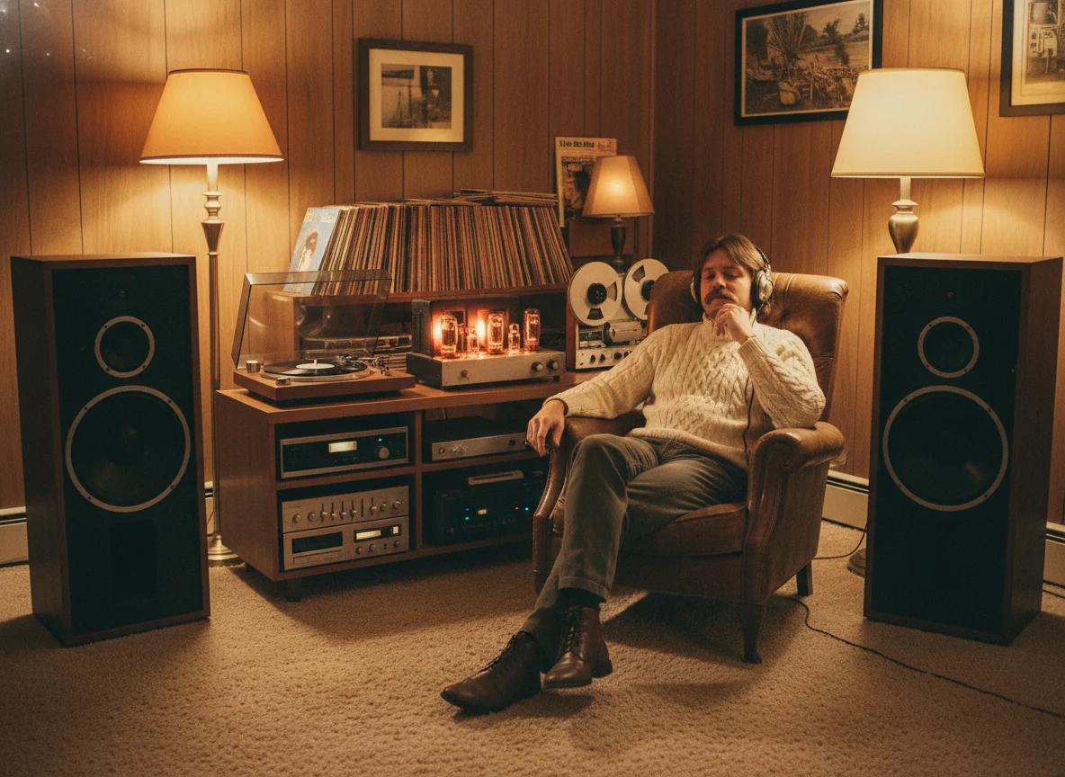 80s audiophile listening room with vintage speakers