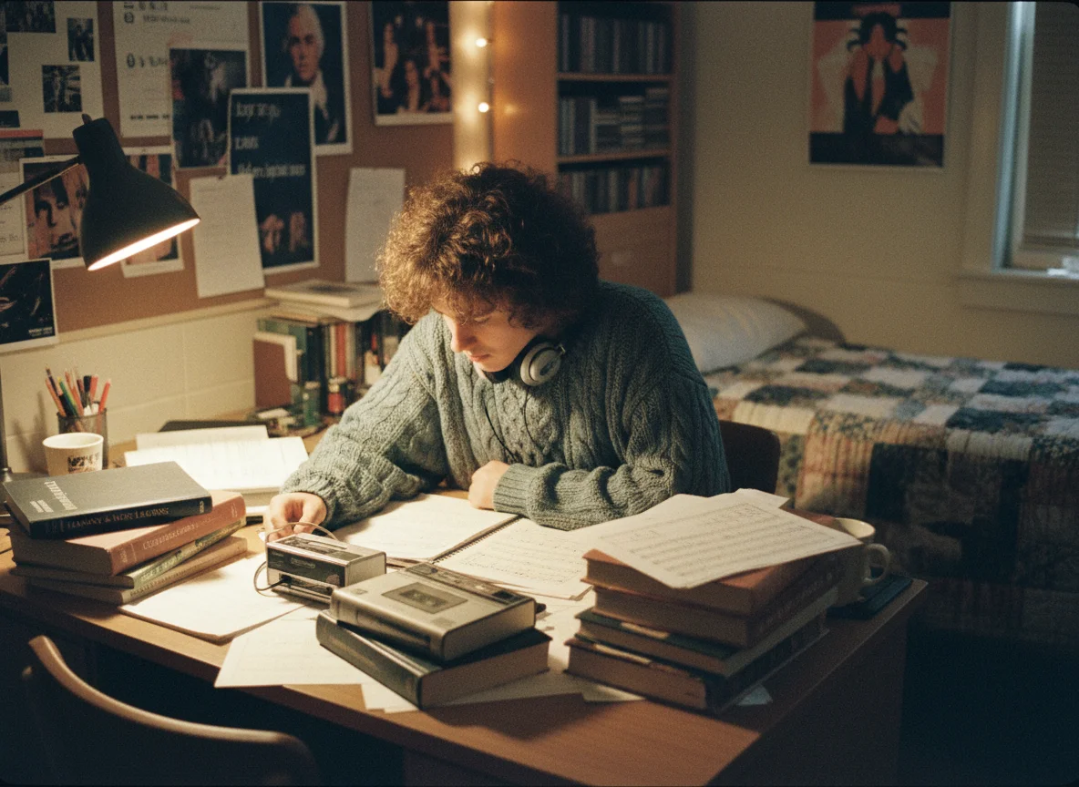 90s music student studying with headphones and sheet music