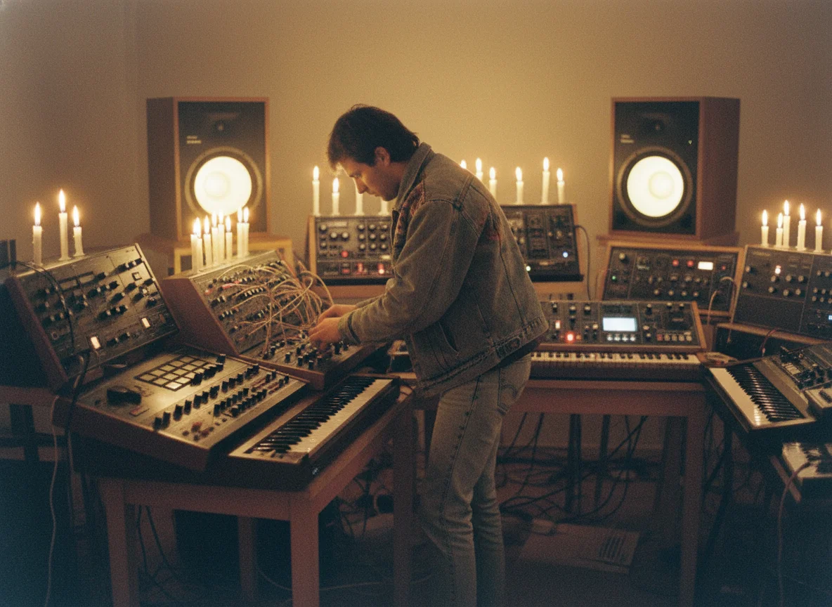 80s ambient musician with synthesizers in candlelit room