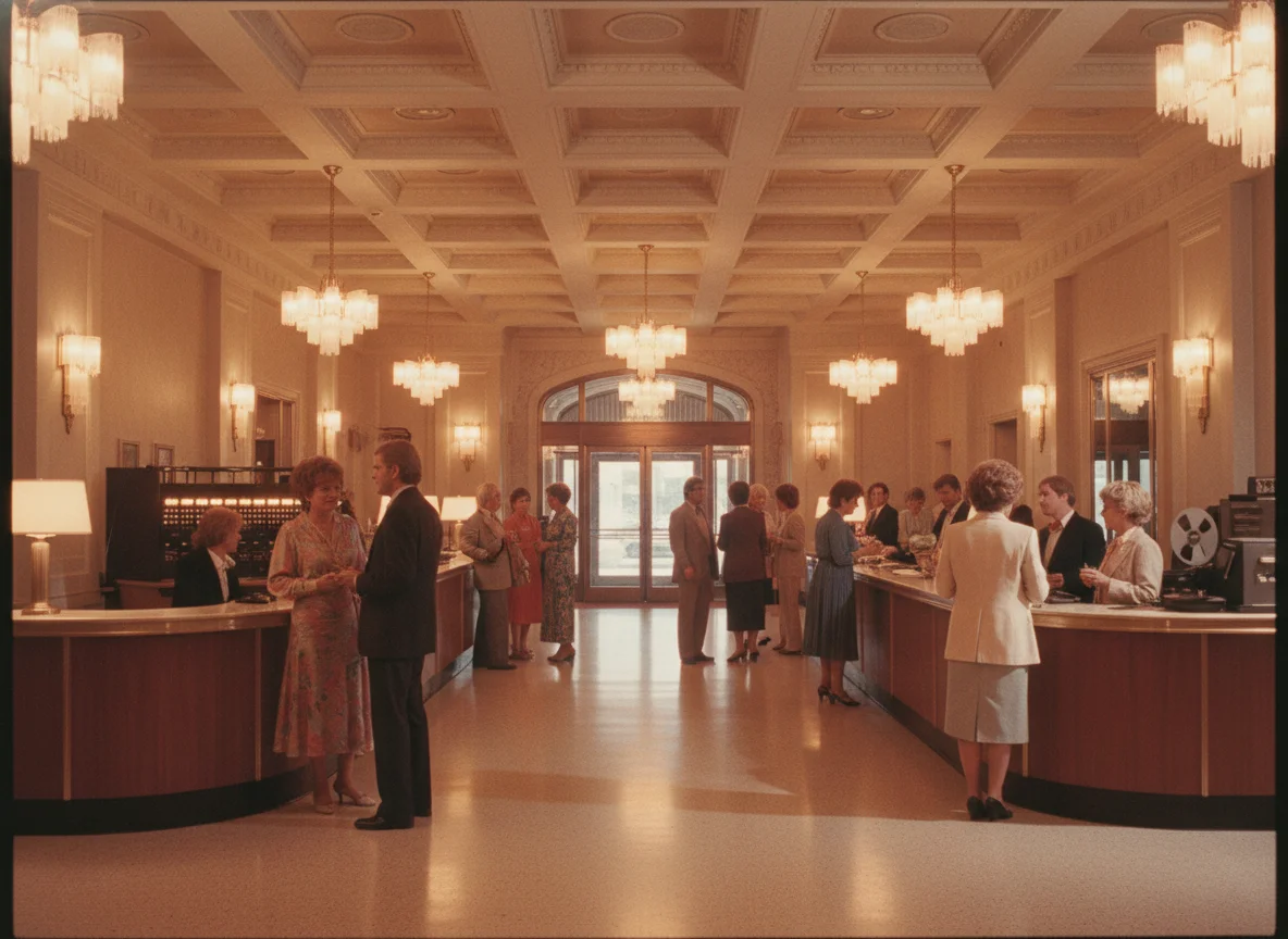 80s hotel lobby with art deco design and muzak speakers