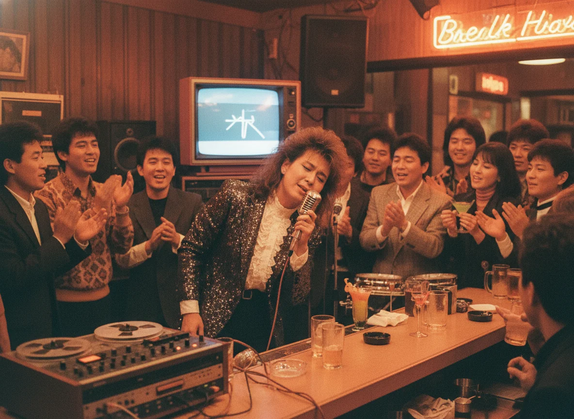 80s karaoke night at Japanese bar with neon signs