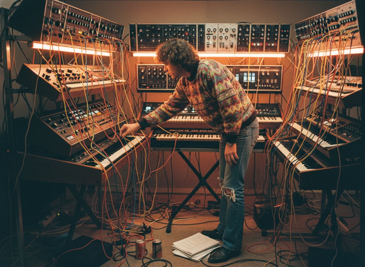 80s synthesizer player with vintage keyboards