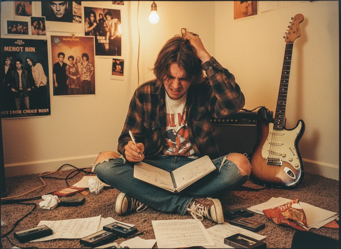 90s musician writing lyrics in bedroom studio