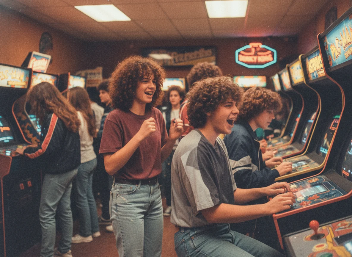 80s arcade game room with neon lights and retro machines