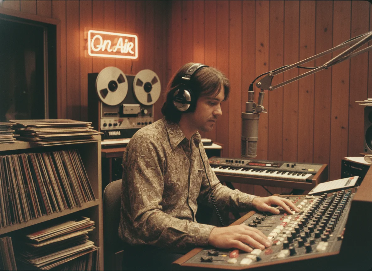 80s radio DJ at broadcast studio with vinyl records