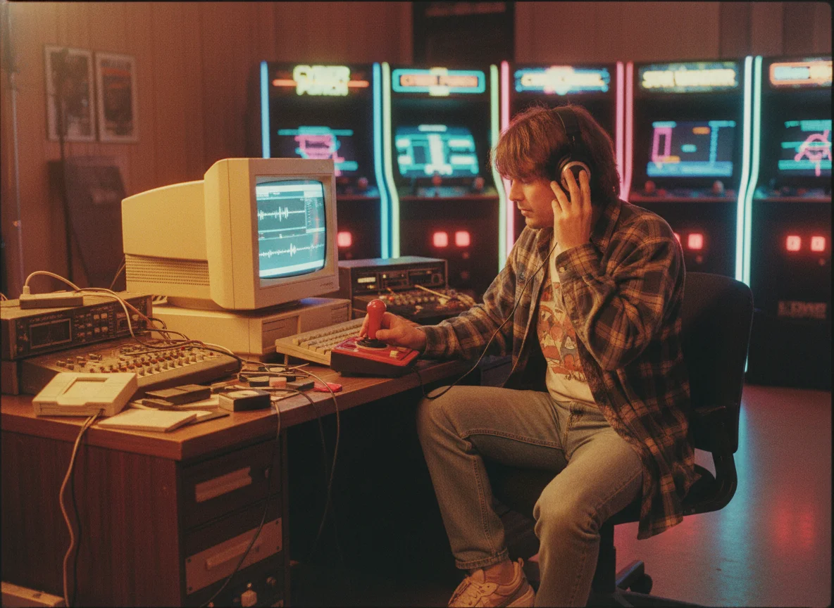 90s arcade game room with neon-lit cabinets and vintage computer