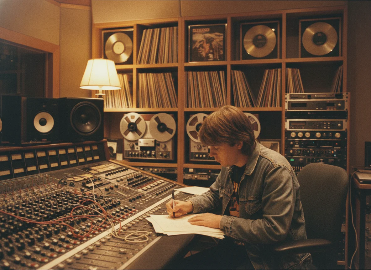 90s professional recording studio with mixing console and vinyl records