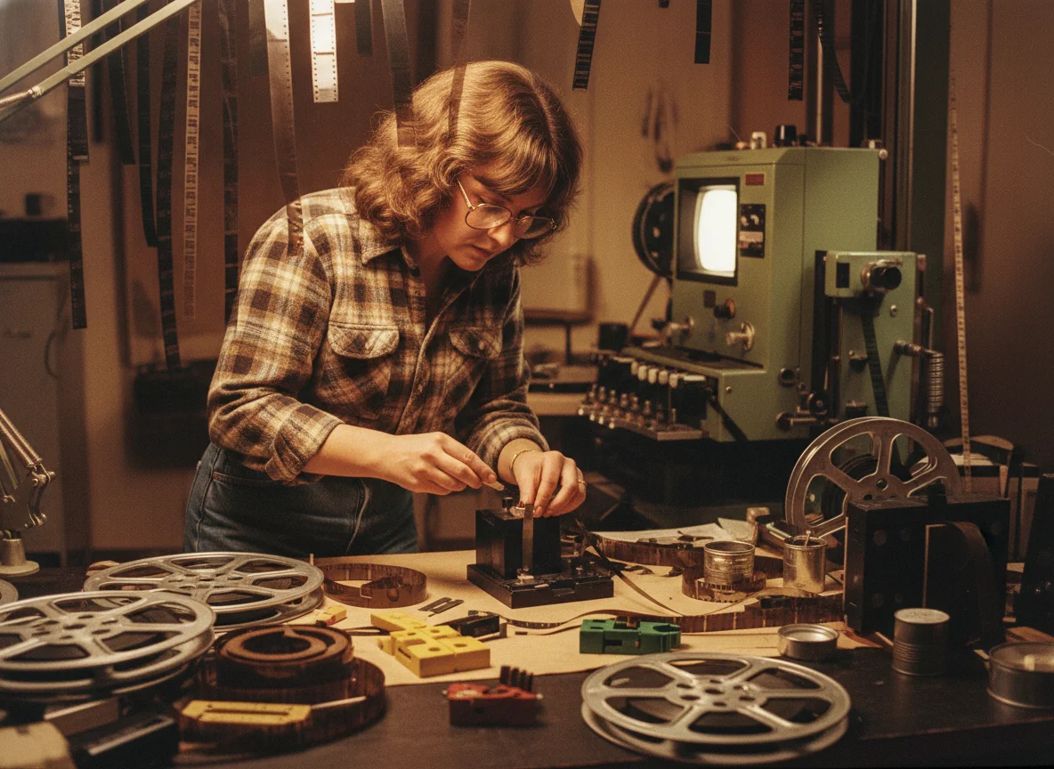 80s film editor cutting tape at editing bench
