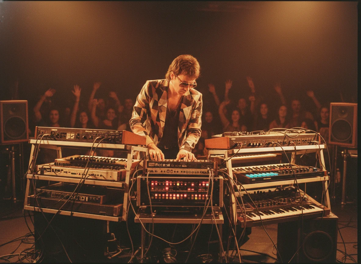 80s electronic musician with MIDI controllers on stage