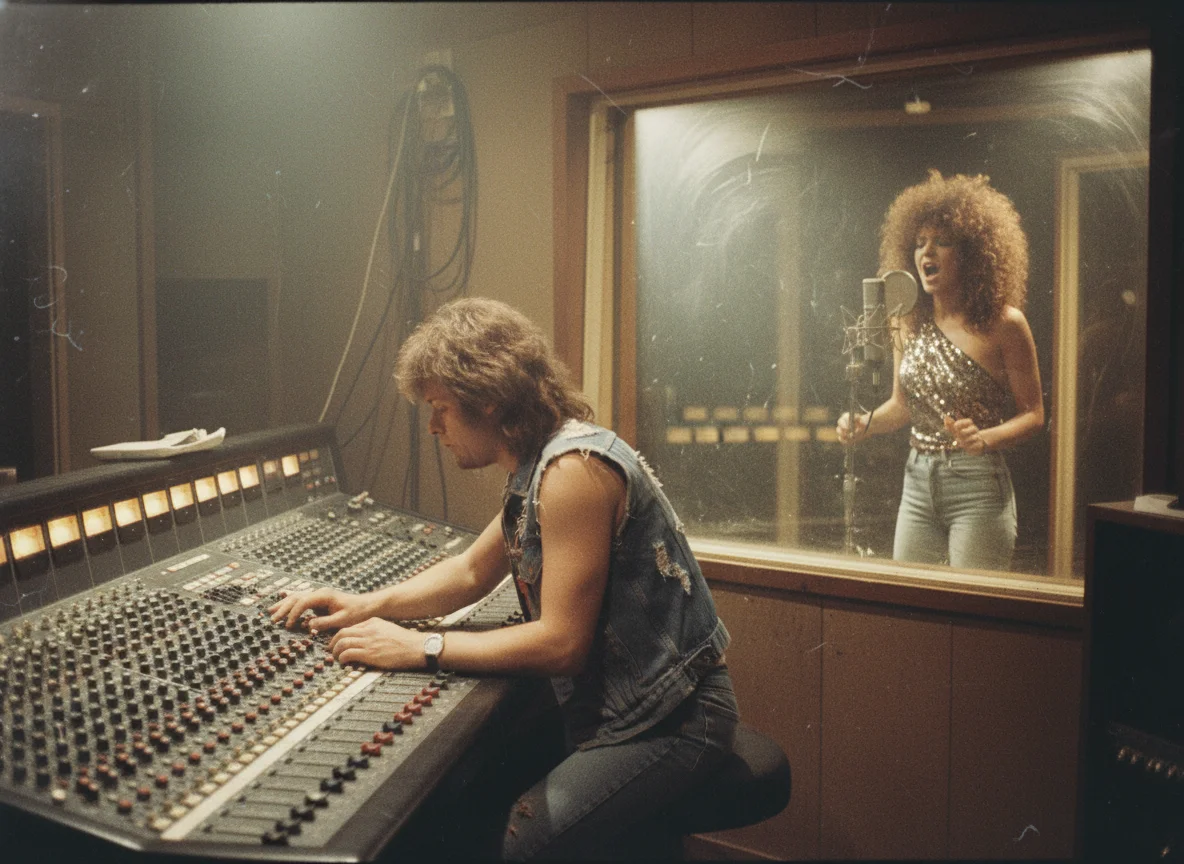 80s multitrack recording session at large mixing console