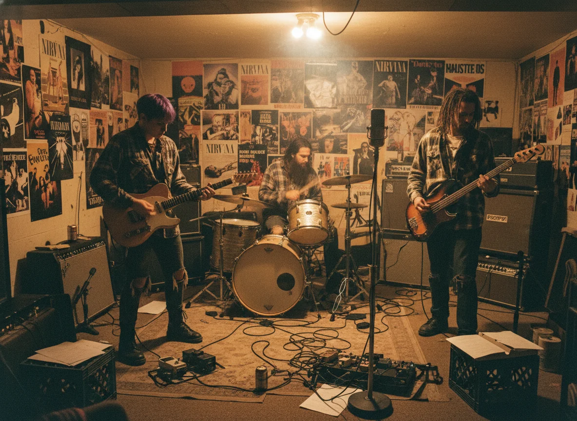 90s musicians in eclectic rehearsal space