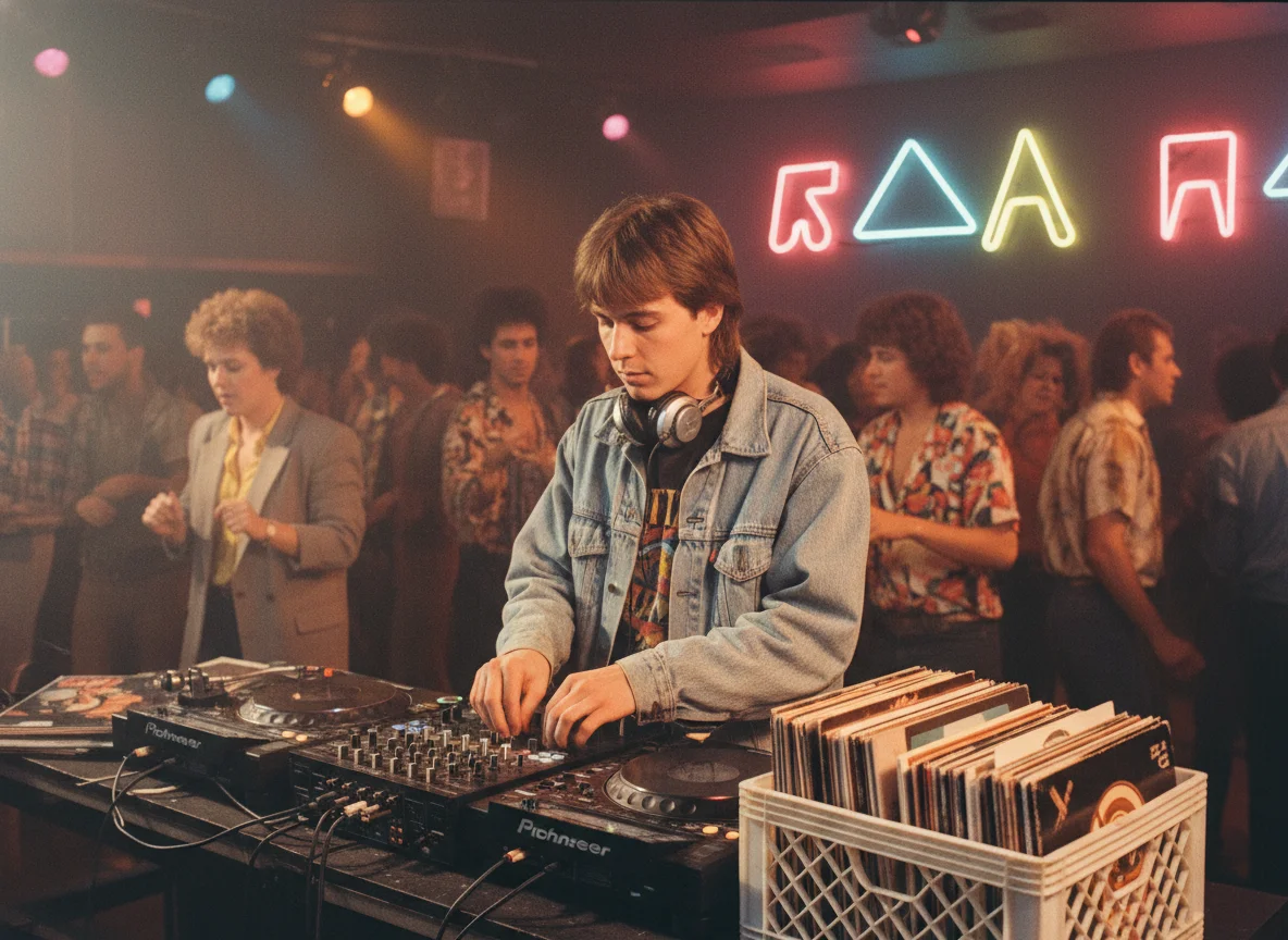 80s DJ with vinyl turntable setup